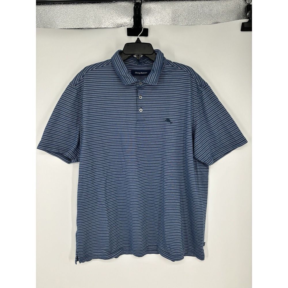 Tommy Bahama 2XL Polo Shirt Pima Cotton Polyester Blend‎ Navy Blue Striped 2XL